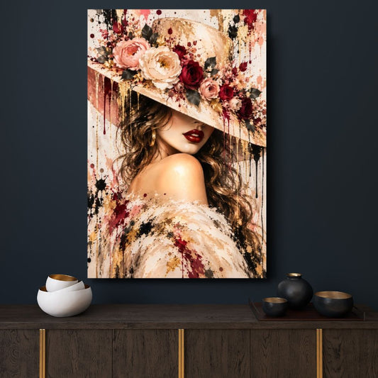 Tableau femme, Tableau femme au chapeau, Tableau fleurs, Tableau Street Art, Tableau glamour, Tableau portrait féminin, Tableau femme élégante, Tableau roses, Décoration murale femme, Tableau chic, Tableau doré, Tableau rose et bordeaux, Tableau moderne, Toile femme, Tableau fashion, Décoration salon, Décoration chambre, Art urbain