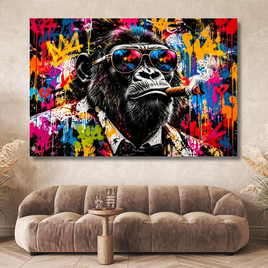 Tableau singe street art Urban Monkey avec cigare, lunettes de soleil miroir et graffitis multicolores.