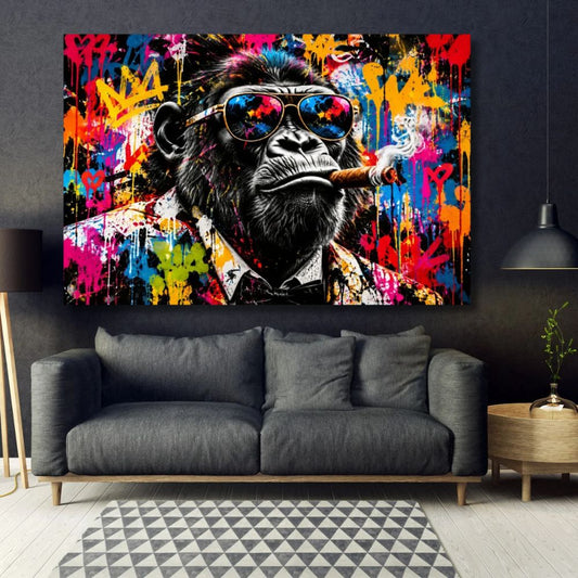 Tableau singe street art Urban Monkey avec cigare, lunettes de soleil miroir et graffitis multicolores.