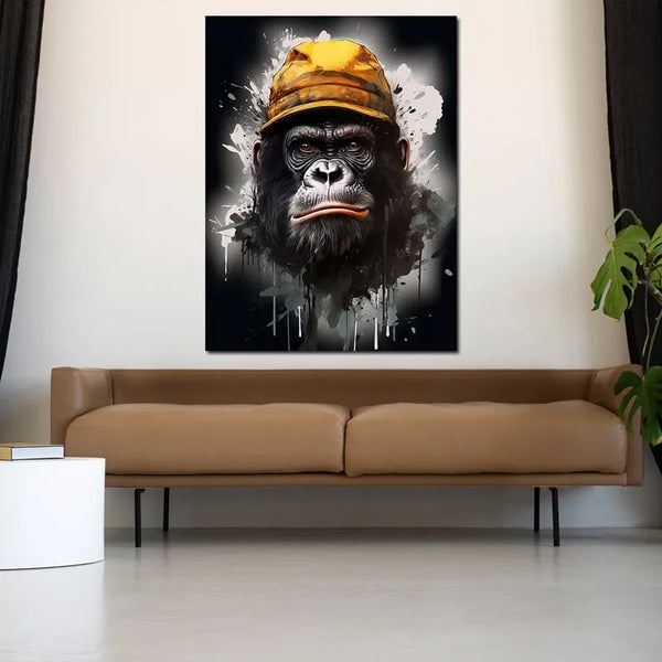 Touteladeco / Tableau Pop Art / Singe / Décoration Murale / Moderne / Noir et Blanc / Casquette / Toile / Tableau