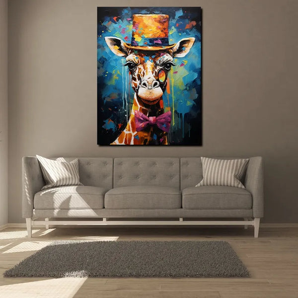 Touteladeco / Tableau Art / Animaux / Girafe / Chapeau / Couleur / Pop Art / Graffiti / Décoration Murale / Décoration de maison / Moderne / Toile