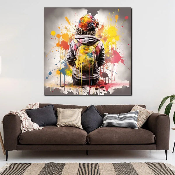Touteladeco / Tableau Art / Banksy / Street Art / Garçon / Banc / Sac / Graffiti / Pop Art / Décoration Murale / Décoration de maison / Moderne / Toile