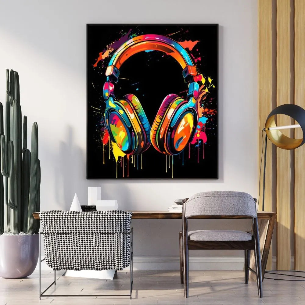 Touteladeco / Tableau Art / Casque / Musique / DJ / Deejay / Graffiti / Toile / tableau casque audio coloré / art musical moderne / décoration murale pop art / casque DJ stylisé / explosion de couleurs / peinture street art contemporaine / déco pour studio et salon / tableau vibrant et urbain / impression sur toile / ambiance électrisante et artistique