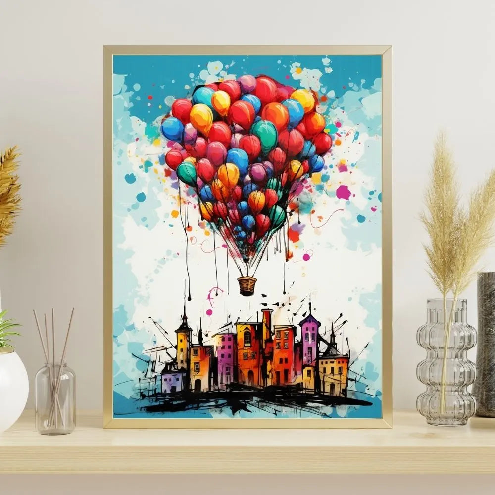tableau montgolfière de ballons / art coloré moderne / décoration murale originale / ville et ballons multicolores / peinture artistique créative / explosion de couleurs / style aquarelle et illustration / déco poétique et légère / impression sur toile / tableau inspirant et joyeux / toile / tableau / touteladeco