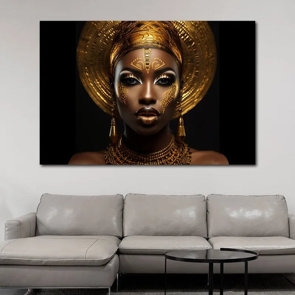 Touteladeco / Tableau Pop Art / Street Art / Girl Power / Décoration Murale / Décoration de maison / Moderne / Femme / Visage / Couleur / Afrique / African / Girl / Doré / Queen