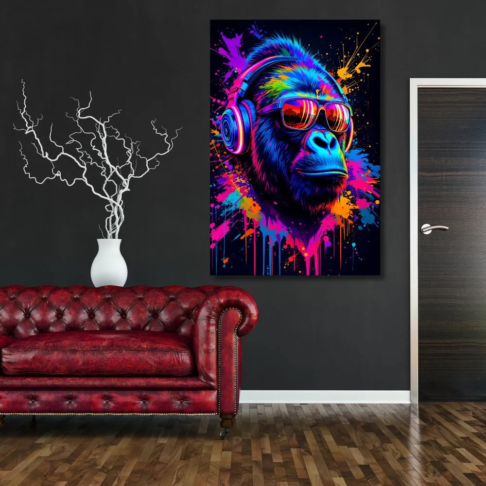 Touteladeco / Toile / Tableau / tableau gorille fluo / déco street art / art urbain / toile DJ néon / gorille moderne / graffiti coloré / déco murale pop / art contemporain