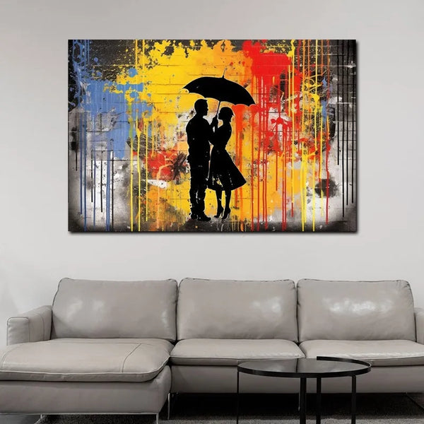 Touteladeco / Tableau Art / Banksy / Street Art / Couple / parapluie / Amour / Graffiti / Pop Art / Décoration Murale / Décoration de maison / Moderne / Toile