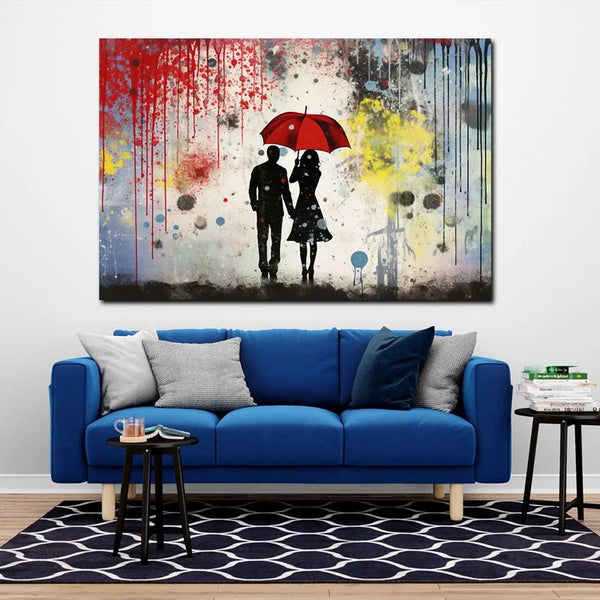 Touteladeco / Tableau Art / Banksy / Street Art / Couple / Parapluie / Amoureux / Graffiti / Pop Art / Décoration Murale / Décoration de maison / Moderne / Toile