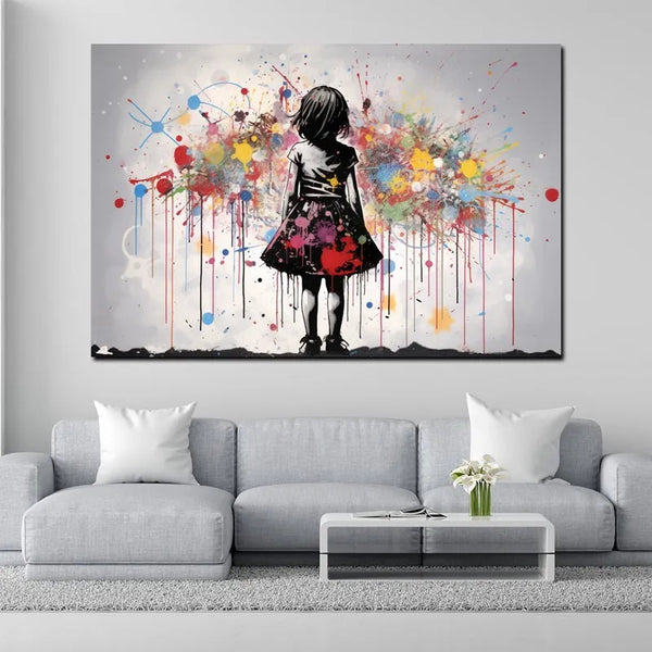 Touteladeco / Tableau Art / Banksy / Street Art / Girl / Jeune Fille / Graffiti / Pop Art / Décoration Murale / Décoration de maison / Moderne / Toile