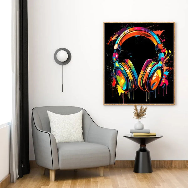 Touteladeco / Tableau Art / Casque / Musique / DJ / Deejay / Graffiti / Toile / tableau casque audio coloré / art musical moderne / décoration murale pop art / casque DJ stylisé / explosion de couleurs / peinture street art contemporaine / déco pour studio et salon / tableau vibrant et urbain / impression sur toile / ambiance électrisante et artistique
