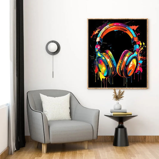 Touteladeco / Tableau Art / Casque / Musique / DJ / Deejay / Graffiti / Toile / tableau casque audio coloré / art musical moderne / décoration murale pop art / casque DJ stylisé / explosion de couleurs / peinture street art contemporaine / déco pour studio et salon / tableau vibrant et urbain / impression sur toile / ambiance électrisante et artistique