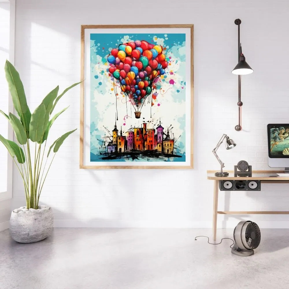 tableau montgolfière de ballons / art coloré moderne / décoration murale originale / ville et ballons multicolores / peinture artistique créative / explosion de couleurs / style aquarelle et illustration / déco poétique et légère / impression sur toile / tableau inspirant et joyeux / toile / tableau / touteladeco