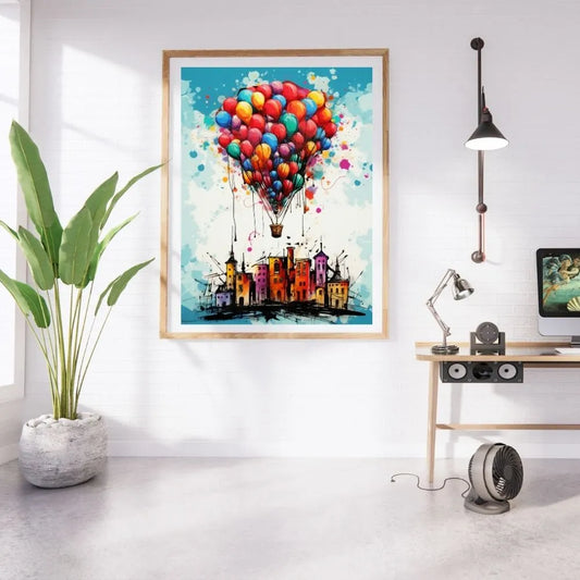 tableau montgolfière de ballons / art coloré moderne / décoration murale originale / ville et ballons multicolores / peinture artistique créative / explosion de couleurs / style aquarelle et illustration / déco poétique et légère / impression sur toile / tableau inspirant et joyeux / toile / tableau / touteladeco