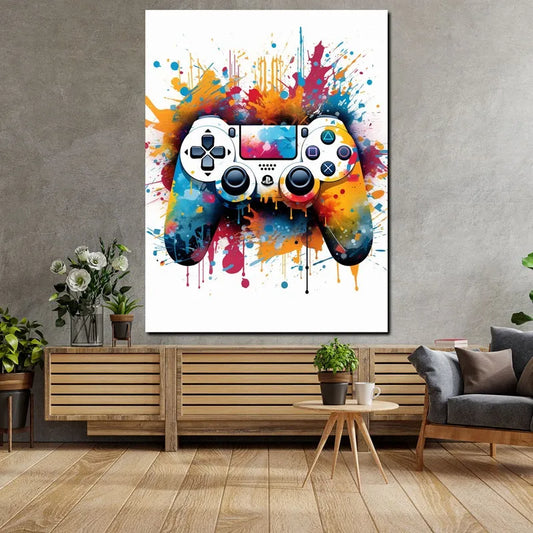 Touteladeco / Tableau / Pop Art / Jeux-Vidéo / tableau manette gaming / art geek moderne / décoration murale gamer / manette de jeu colorée / explosion de peinture / style street art et graffiti / déco pour salle gaming / tableau pour passionnés de jeux vidéo / impression sur toile / décoration dynamique et immersive