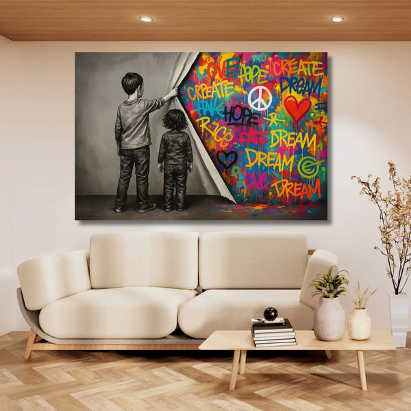 tableau street art / toile graffiti colorée / enfants noir et blanc / décoration murale moderne / tableau Banksy style / message love hope dream / art mural urbain / déco contemporaine salon