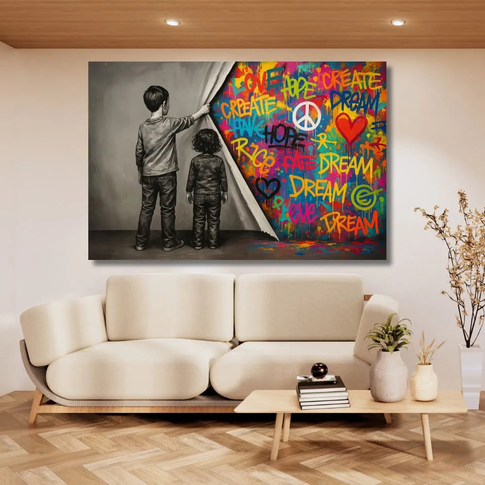 tableau street art / toile graffiti colorée / enfants noir et blanc / décoration murale moderne / tableau Banksy style / message love hope dream / art mural urbain / déco contemporaine salon