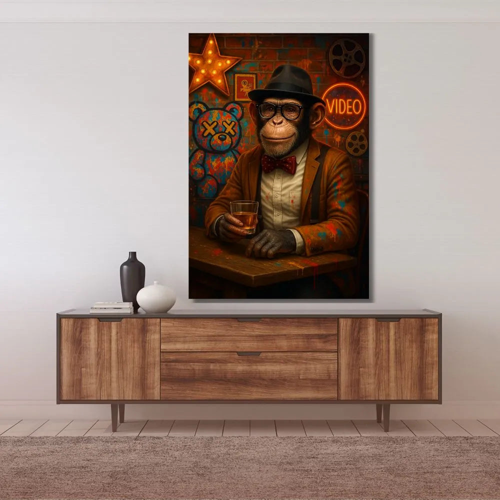 Touteladeco / Toile / tableau / tableau singe / art urbain / déco rétro / style cinéma / pop art / singe en costume / bar vintage / tableau original / street art / ambiance lounge