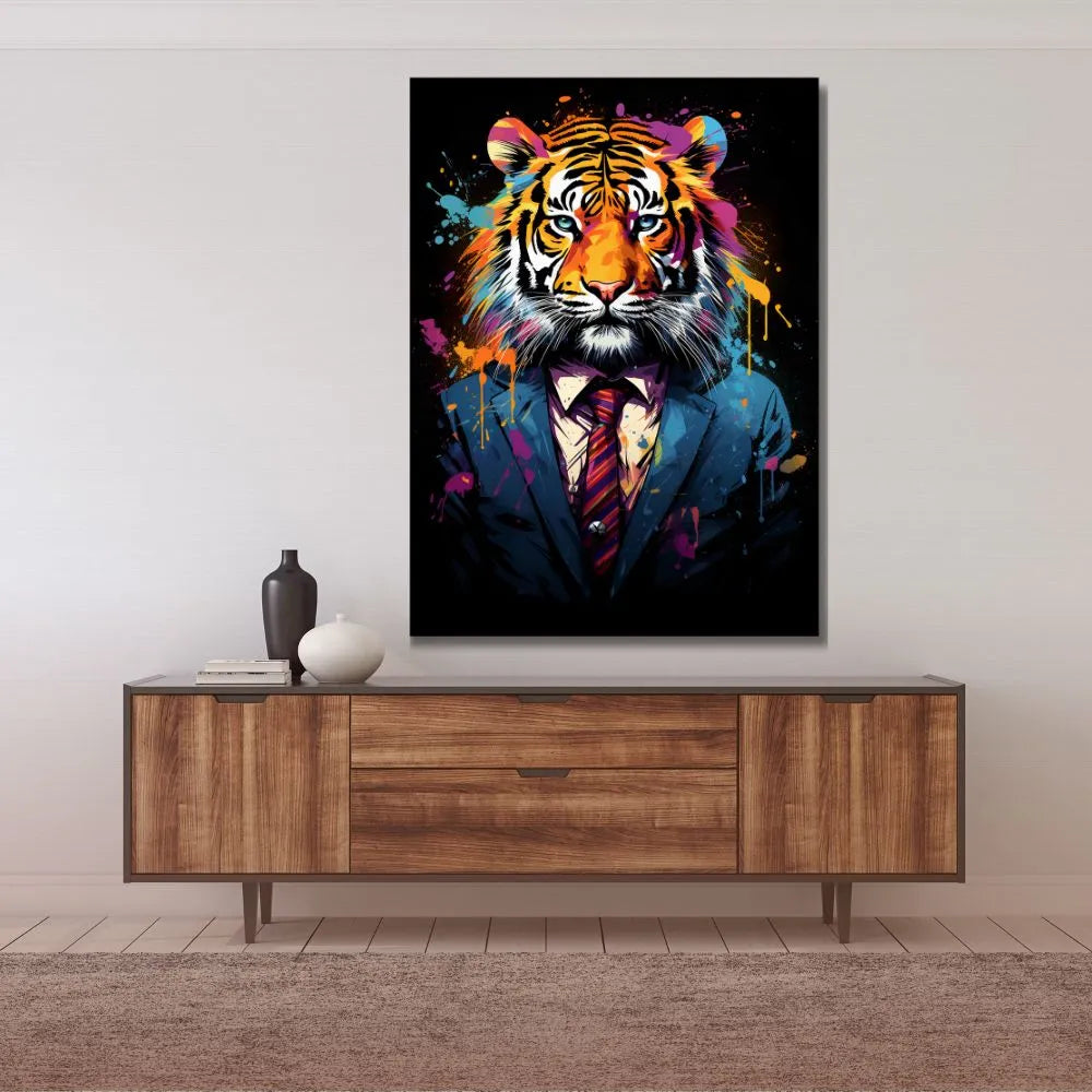 Touteladeco / Toile / Tableau / tableau tigre costume / pop art animal / décoration urbaine / art coloré / tigre élégant / street art chic / tableau tendance / déco murale originale