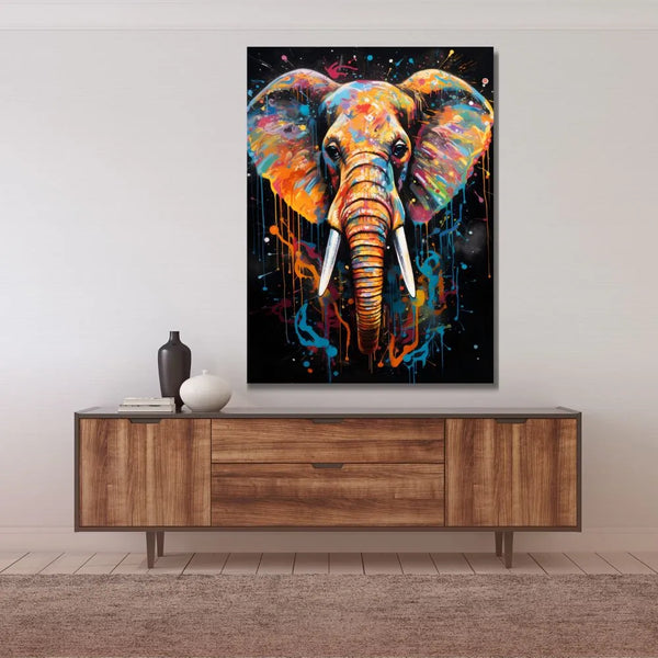 Touteladeco / Toile / Tableau / éléphant pop art / tableau éléphant coloré / art mural urbain / décoration moderne / peinture éclaboussée / animal totem mural / toile arty éléphant / art contemporain animal / déco puissante / tableau original street art