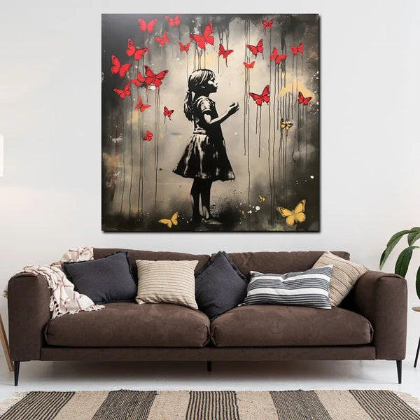 Touteladeco / Tableau Art / Banksy / Street Art / Jeune Fille / Papillons / Gothique / Graffiti / Pop Art / Décoration Murale / Décoration de maison / Moderne / Toile