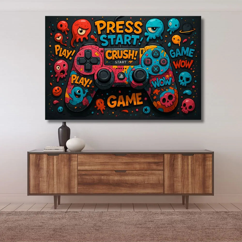 Touteladeco / Toile / tableau / tableau gaming / déco gamer / manette playstation / art pop / style cartoon / univers coloré / déco murale / illustration fun / street art / chambre ado / tableau jeu vidéo / art urbain / poster geek / tableau console / déco moderne