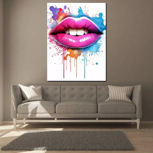Touteladeco / Tableau Art / Street Art / Bouche / Femme / Glamour / Graffiti / Pop Art / Décoration Murale / Décoration de maison / Moderne / Toile / Levres / Couleurs