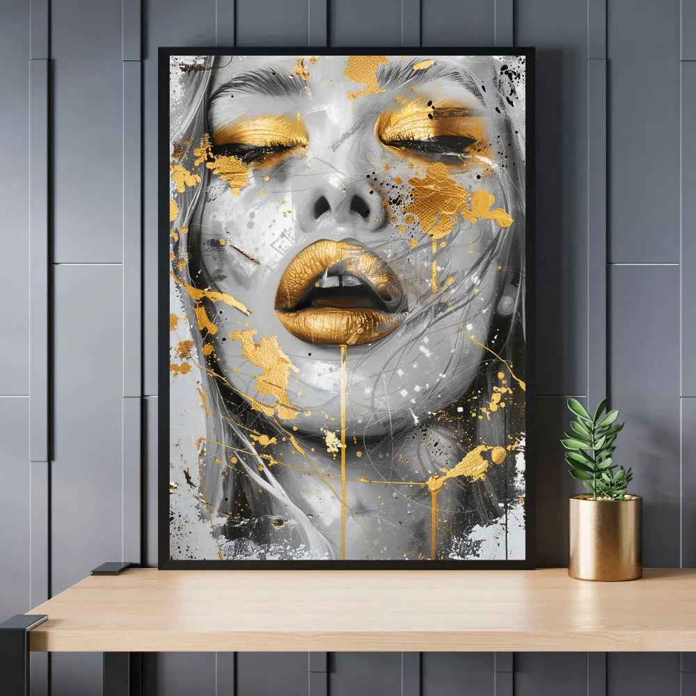 Touteladeco / Toile / Tableau / tableau femme / street art / portrait doré / art moderne / peinture murale glamour / déco élégante / visage or / tableau contemporain