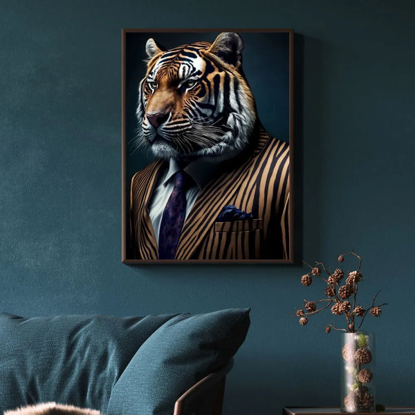 Touteladeco / Toile / Tableau / tableau tigre / toile animal costume / déco puissante / art moderne / toile bureau luxe / tableau urbain / déco animale chic