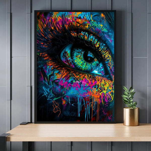 Touteladeco / Tableau / Toile / tableau œil graffiti / art urbain moderne / décoration murale street art / regard perçant coloré / explosion de couleurs / style graffiti contemporain / peinture murale expressive / déco artistique audacieuse / impression sur toile / ambiance mystique et captivante