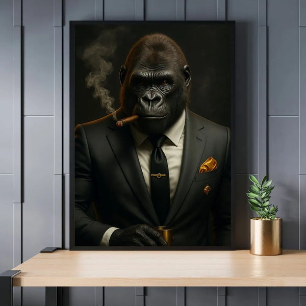 Touteladeco / Toile / Tableau / gorille costume / gorille élégant / tableau gorille fumeur / art urbain gorille / pop art animal / tableau cigare gorille / décoration puissante / toile moderne gorille