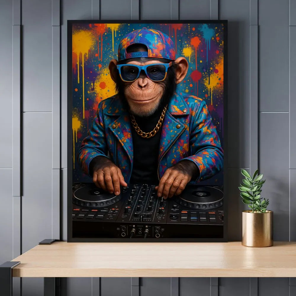 Touteladeco / Toile / tableau / singe DJ / street art / tableau graffiti / décoration urbaine / déco musique / singe funky / tableau pop art / déco colorée / singe casquette / singe lunettes / DJ party / déco fun / décoration moderne / tableau original