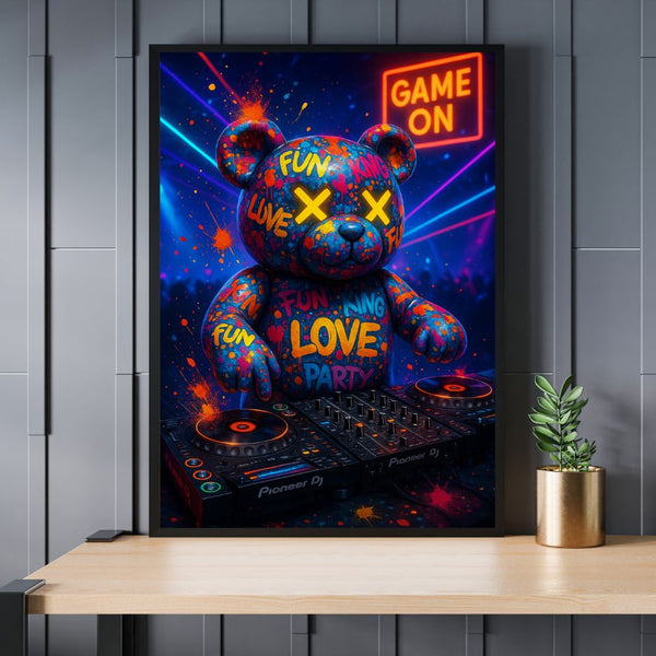 Touteladeco / Toile / Tableau / ours DJ / tableau pop art / street art déco / déco électro / tableau graffiti ours / platines DJ / déco chambre gaming / tableau néon / ours graffiti / déco moderne / street art ours