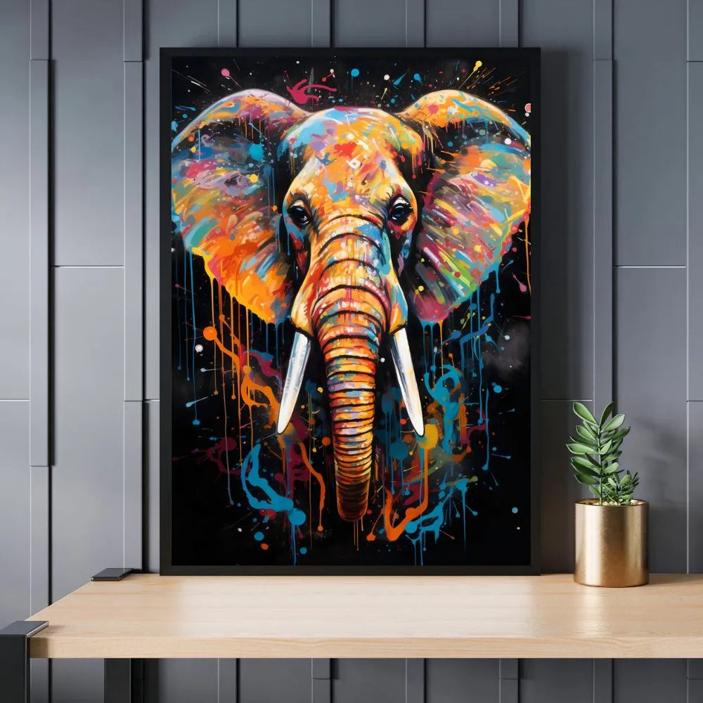 Touteladeco / Toile / Tableau / éléphant pop art / tableau éléphant coloré / art mural urbain / décoration moderne / peinture éclaboussée / animal totem mural / toile arty éléphant / art contemporain animal / déco puissante / tableau original street art