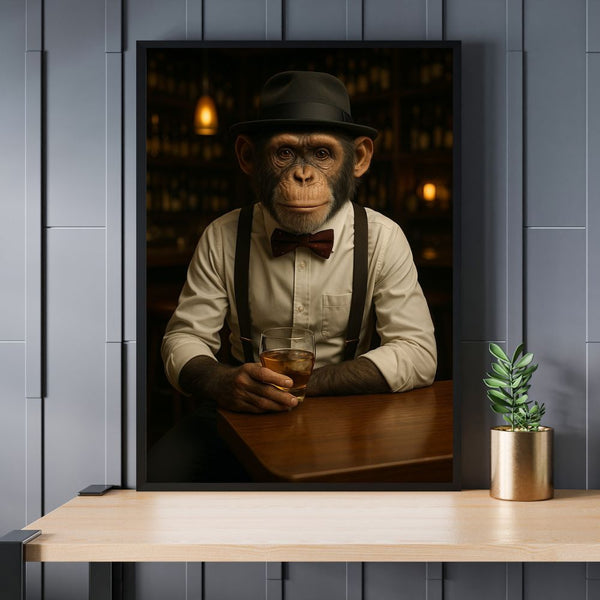 Touteladeco / Toile / Tableau / tableau singe élégant / déco bar vintage / toile singe pop art / singe gentleman / décoration lounge rétro / art animalier original / tableau humoristique / tableau Singe