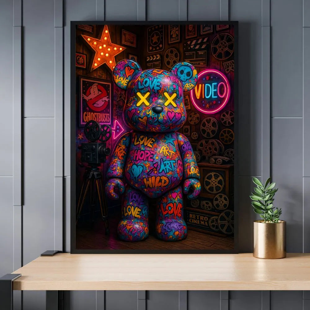 Touteladeco / Tableau / Toile / tableau ourson graffiti / teddy bear street art / déco cinéma rétro / art mural coloré / love art hope wild / néon vidéo / affiche ghostbusters / ambiance pop art / ourson lumineux / décoration urbaine moderne