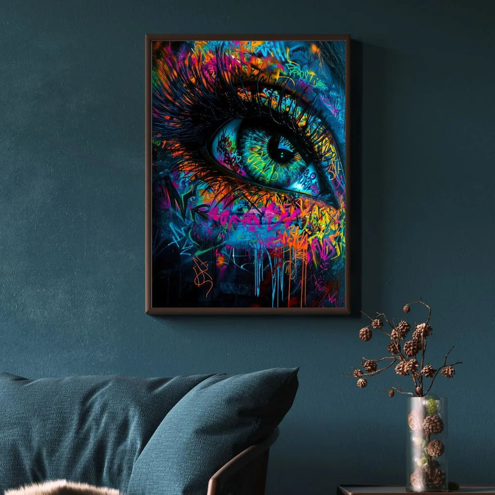 Touteladeco / Tableau / Toile / tableau œil graffiti / art urbain moderne / décoration murale street art / regard perçant coloré / explosion de couleurs / style graffiti contemporain / peinture murale expressive / déco artistique audacieuse / impression sur toile / ambiance mystique et captivante