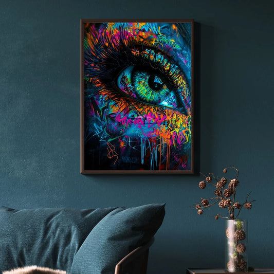 Touteladeco / Tableau / Toile / tableau œil graffiti / art urbain moderne / décoration murale street art / regard perçant coloré / explosion de couleurs / style graffiti contemporain / peinture murale expressive / déco artistique audacieuse / impression sur toile / ambiance mystique et captivante