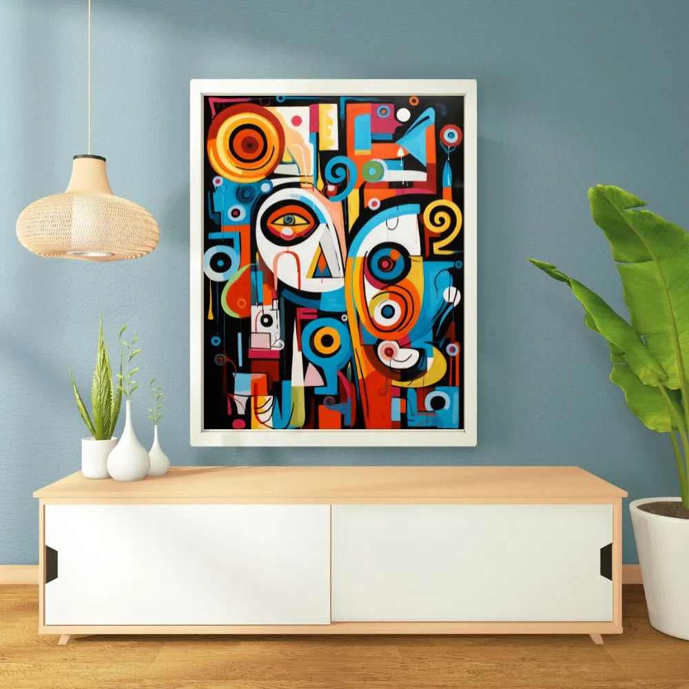 Touteladeco / Toile / tableau / tableau abstrait / art géométrique / visages cubistes / décoration murale moderne / couleurs vives / style graphique / œuvre contemporaine