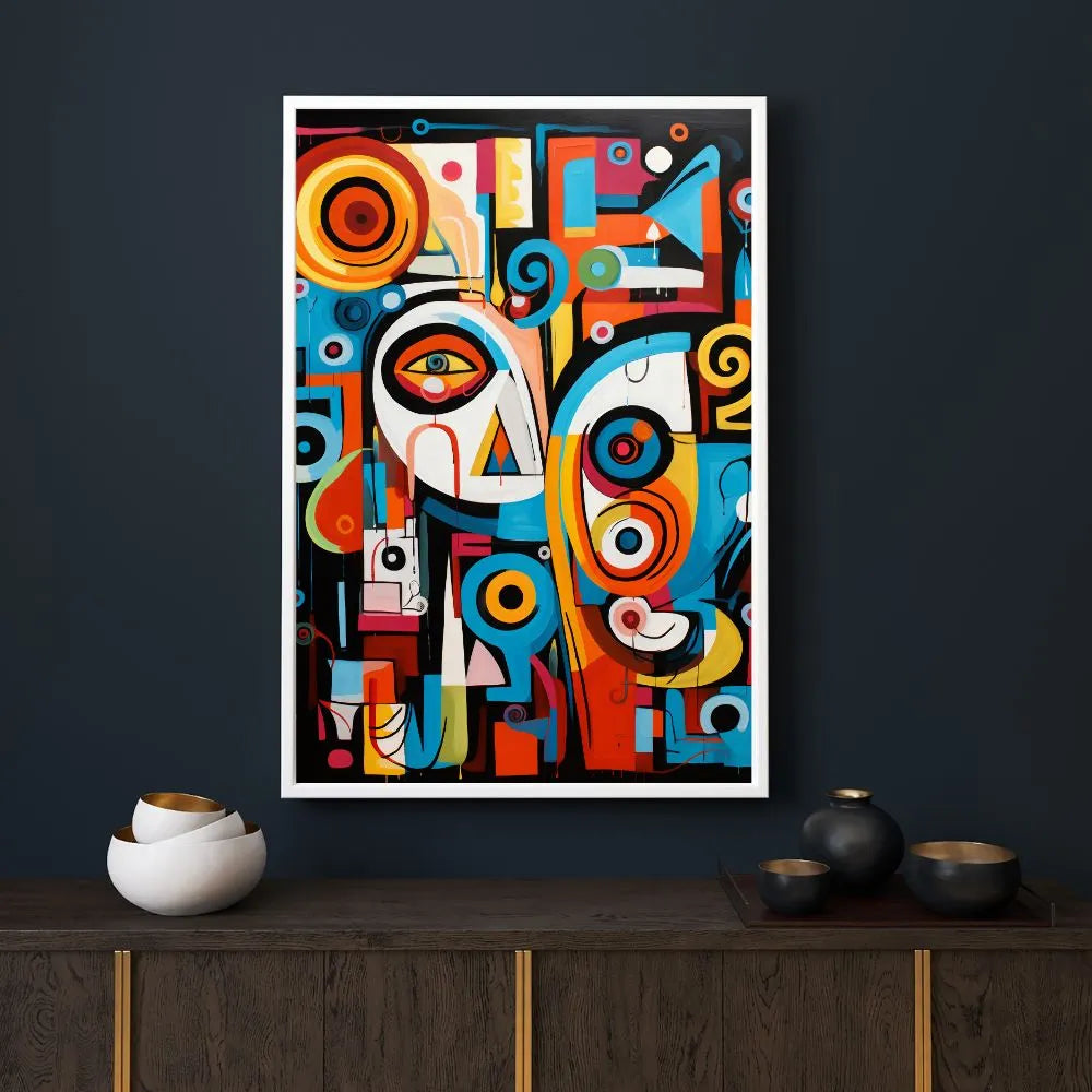 Touteladeco / Toile / tableau / tableau abstrait / art géométrique / visages cubistes / décoration murale moderne / couleurs vives / style graphique / œuvre contemporaine