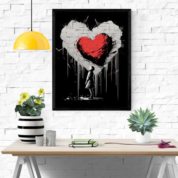 tableau street art / art urbain / cœur brisé / graffiti moderne / style Banksy / décoration murale contemporaine / tableau en noir blanc rouge / enfant et cœur mural / art engagé / émotion et poésie urbaine / tableau symbolique / impression sur toile / décoration moderne / Toile / Tableau / Touteladeco