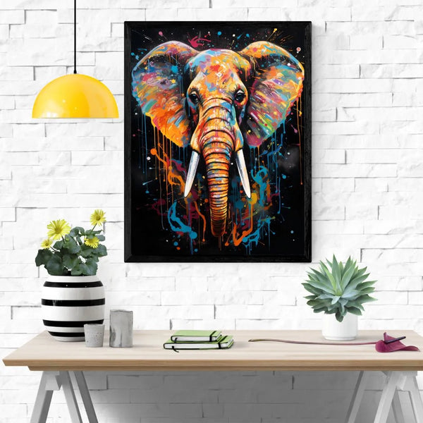 Touteladeco / Toile / Tableau / éléphant pop art / tableau éléphant coloré / art mural urbain / décoration moderne / peinture éclaboussée / animal totem mural / toile arty éléphant / art contemporain animal / déco puissante / tableau original street art
