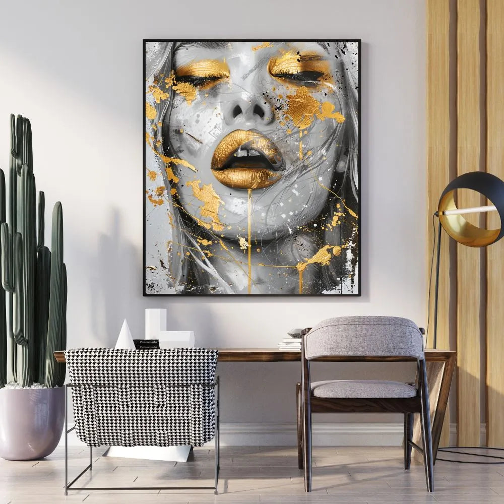 Touteladeco / Toile / Tableau / tableau femme / street art / portrait doré / art moderne / peinture murale glamour / déco élégante / visage or / tableau contemporain
