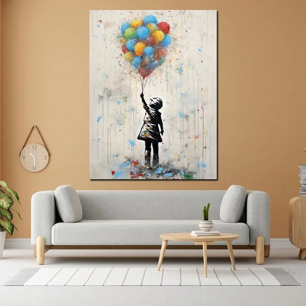 Touteladeco / Tableau Art / Banksy / Street Art / Ballons / Couleurs / Enfants / Graffiti / Pop Art / Décoration Murale / Décoration de maison / Moderne / Toile