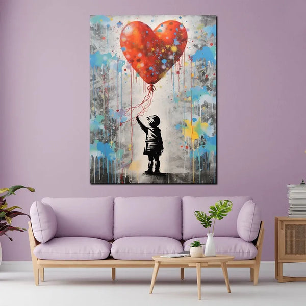 Touteladeco / Tableau Art / Banksy / Street Art / Enfant / Ballon / Coeur / Graffiti / Pop Art / Décoration Murale / Décoration de maison / Moderne / Toile