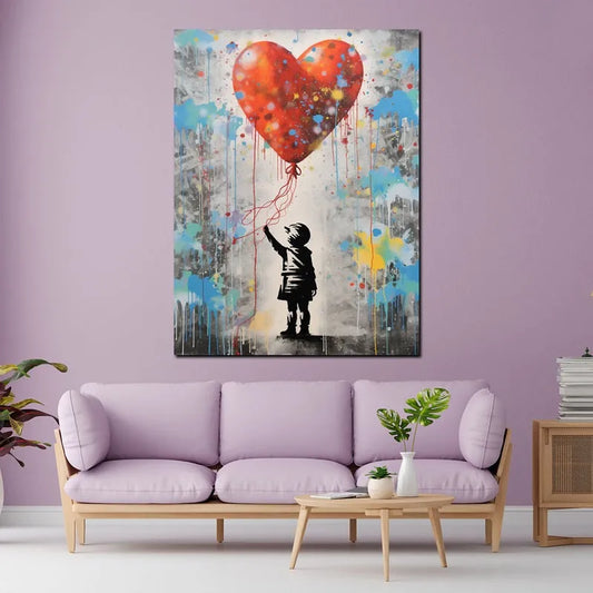 Touteladeco / Tableau Art / Banksy / Street Art / Enfant / Ballon / Coeur / Graffiti / Pop Art / Décoration Murale / Décoration de maison / Moderne / Toile