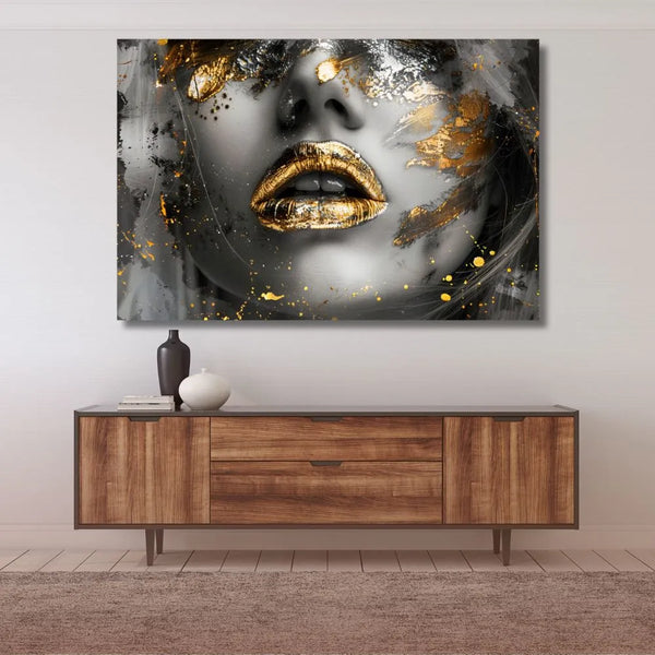 Touteladeco / Toile / Tableau / tableau femme dorée / art mural glamour / portrait lèvres or / décoration contemporaine / art urbain chic