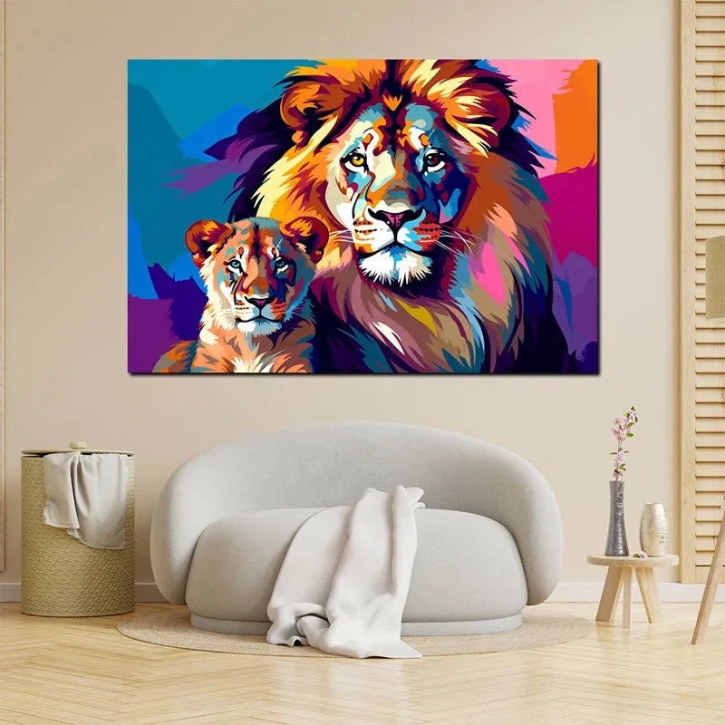 Touteladeco / Tableau Pop Art / Pop Art / Décoration Murale / Moderne / Lion / Famille / Roi / Toile / Tableau