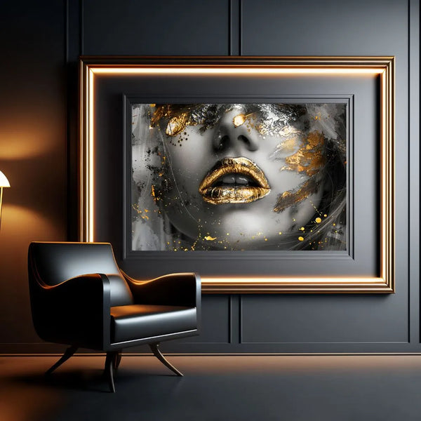 Touteladeco / Toile / Tableau / tableau femme dorée / art mural glamour / portrait lèvres or / décoration contemporaine / art urbain chic
