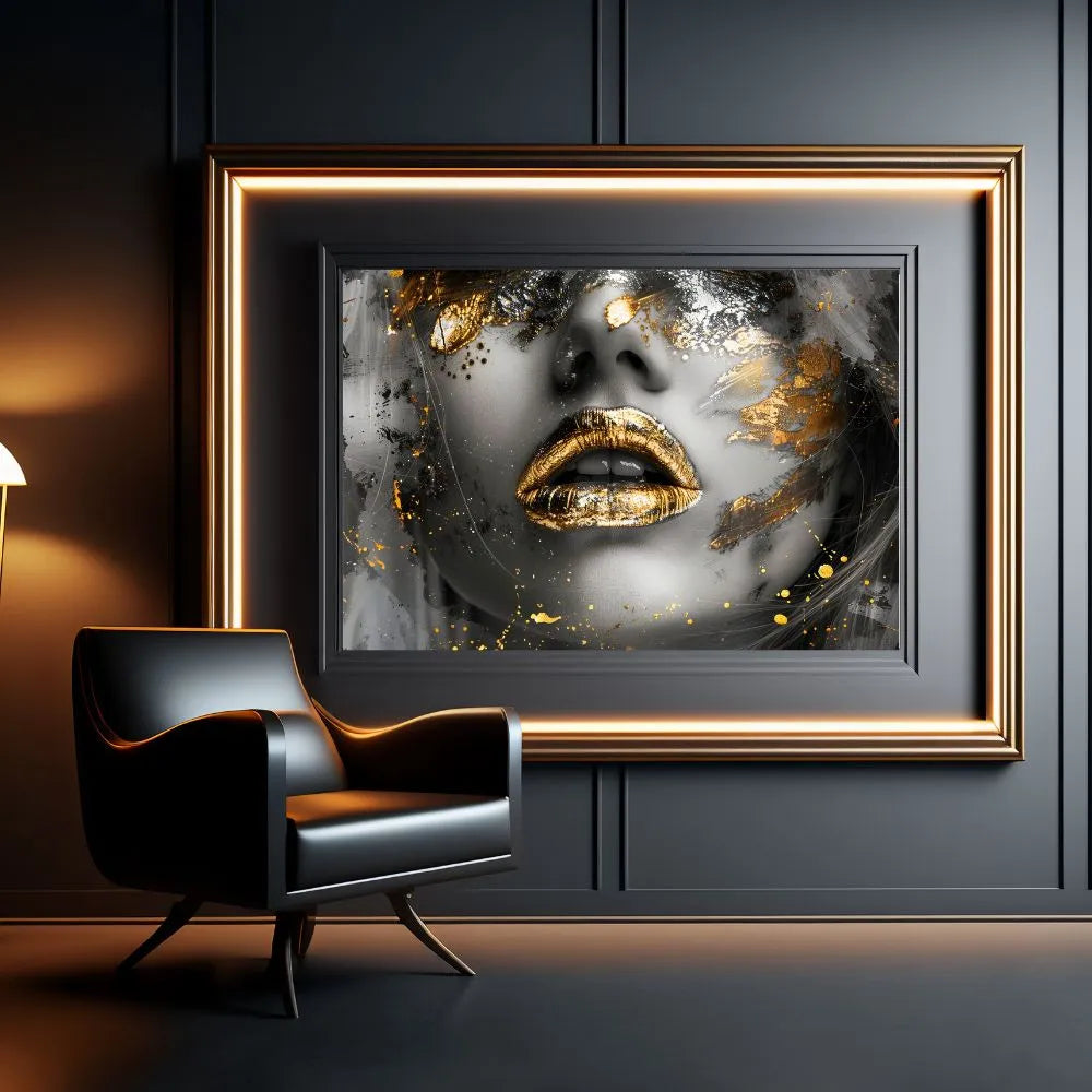 Touteladeco / Toile / Tableau / tableau femme dorée / art mural glamour / portrait lèvres or / décoration contemporaine / art urbain chic