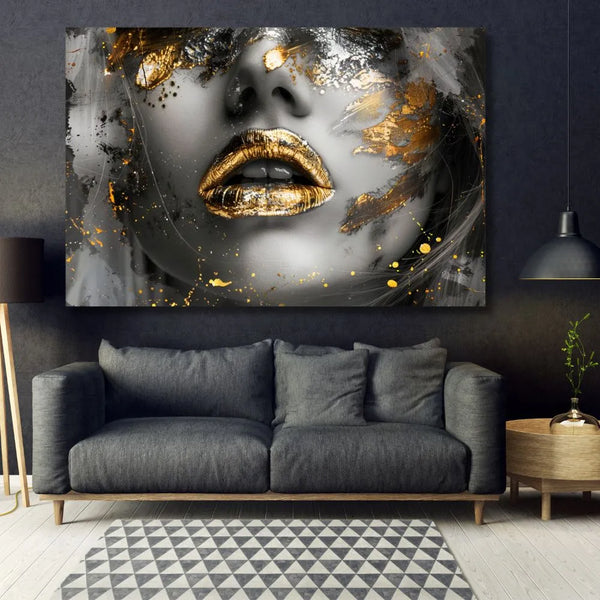 Touteladeco / Toile / Tableau / tableau femme dorée / art mural glamour / portrait lèvres or / décoration contemporaine / art urbain chic
